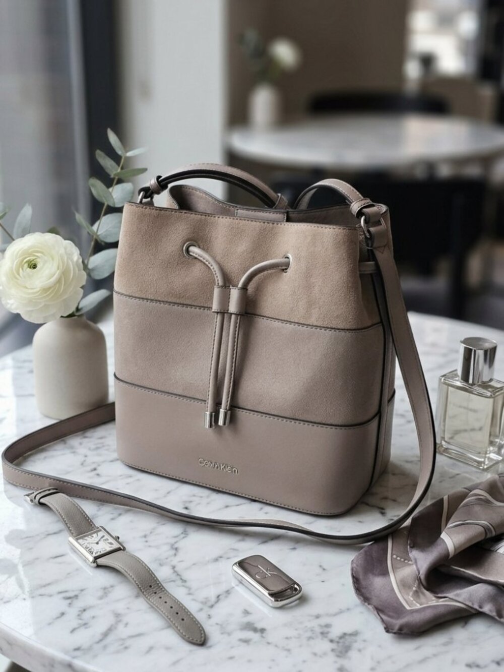 Calvin Klein Taupe Bucket Crossbody Bag Minimalist Neutral Shoulder Bag NWOT